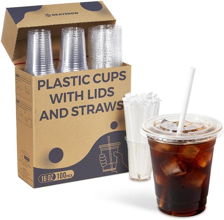 100 Pack 16 oz Clear Plastic Cups with Lids and Straws, Organized Dispenser Box, Heavy Duty Disposable Iced Coffee Cups, Crystal Clear Smoothie To Go Cups, PET, BPA Free