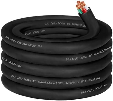 10/4 10AWG SOOW Portable Power Cable,600V 10 Gauge SOOW Electrical Cable-4 Conductor Extension Cord for Welder Machine,Generator,Portable Light,EV Car Charger,Motor Lead, Industrial Outdoor