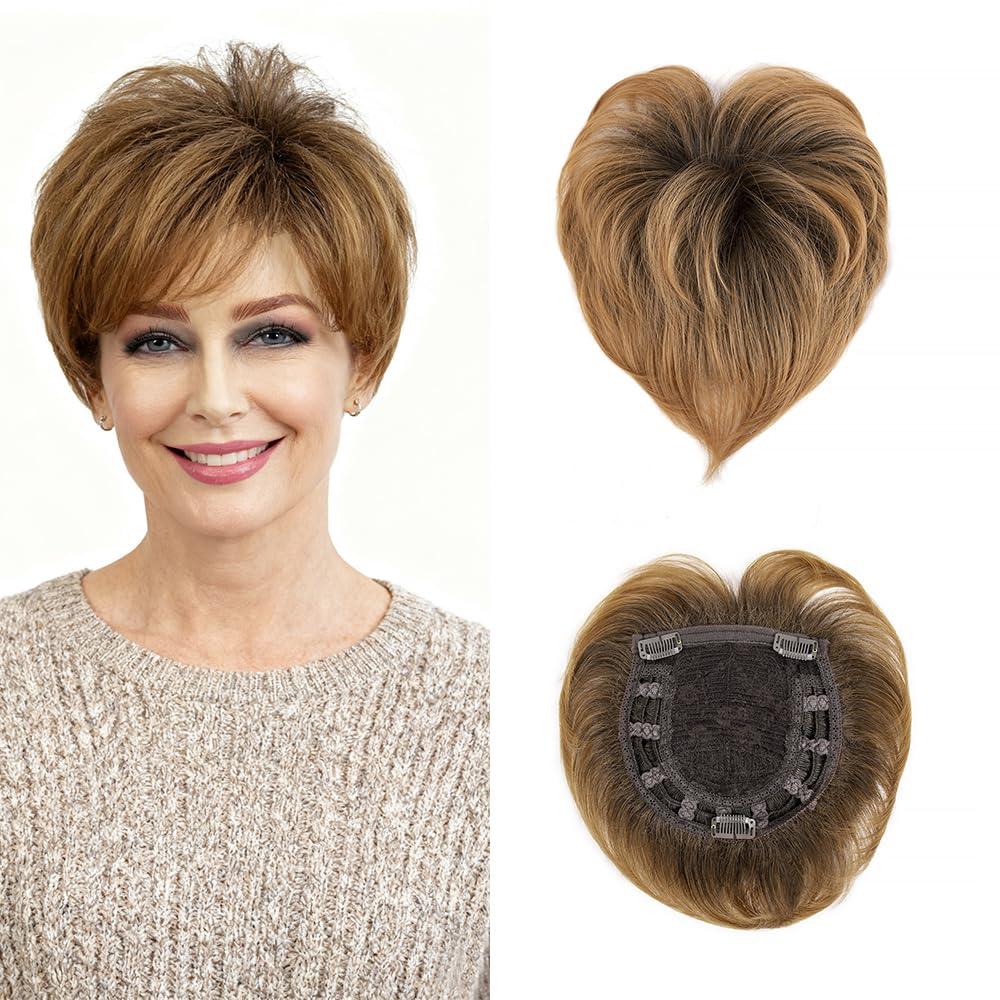 Short Hair Topper for Thinning Hair 5.5 Inch Short Pixie Cut Toppers Pieces Natural Curly Texture Synthetic Ombre Brown Wiglets Hairpieces (Dark Golden Brown, 5.5 inch)