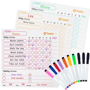 Magnetic Chore Chart for Refrigerator 10 x 10 Pack of 3 Fridge Boards, Weekly Reward and Responsibility Chart with 10 Colorful Markers for Multiple Kids and Families