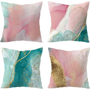 HVEST Pink Marble Pillow Covers 18x18 Set of 4, Pink and Green Gold Abstract Marble Textured Throw Pillow Covers Modern Minimalist Decorative Pillows for Home Bed Couch Sofa Decor Pillowcase