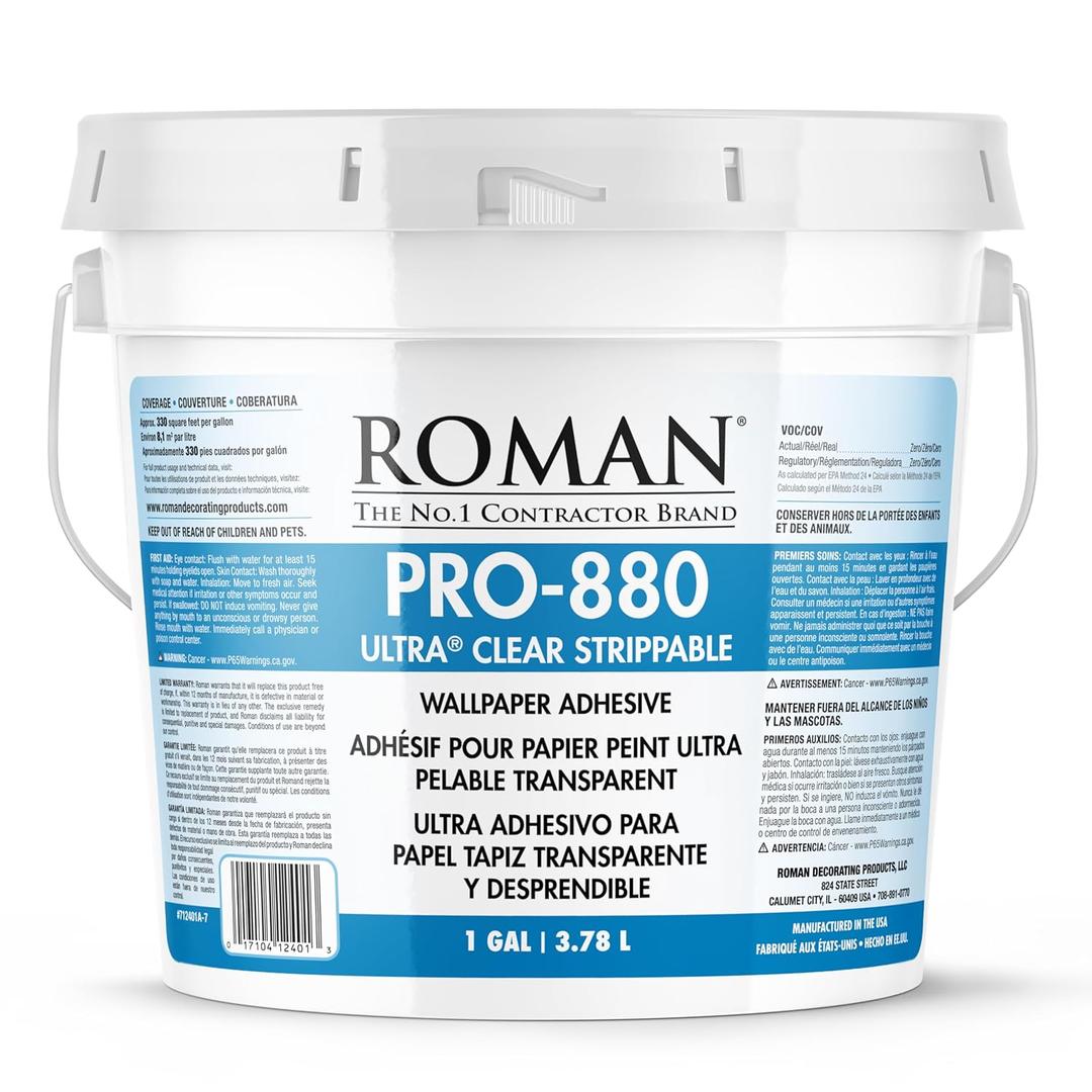 Roman PRO-880 Wallpaper Adhesive & Paste for Any Wallcovering - Ultra Clear Strippable, 1 Gallon(330 sq. ft)