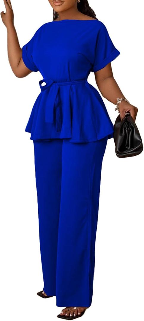 Women's 2 Piece Outfits Suit Set Short Sleeve Peplum Top Flared Pants Sets Business Pantsuits (Medium, Blue)