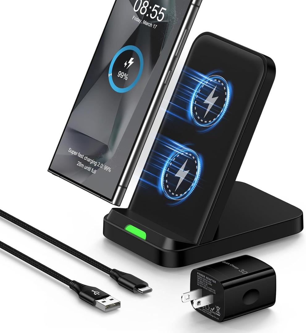 Wireless Charger Stand,15W Fast Desk Charging Station Android Wireless Charging Pad with Adapter for Motorola razr+2024//Edge,Galaxy S25/S24/S23,Pixel 9 8 7 (Black)