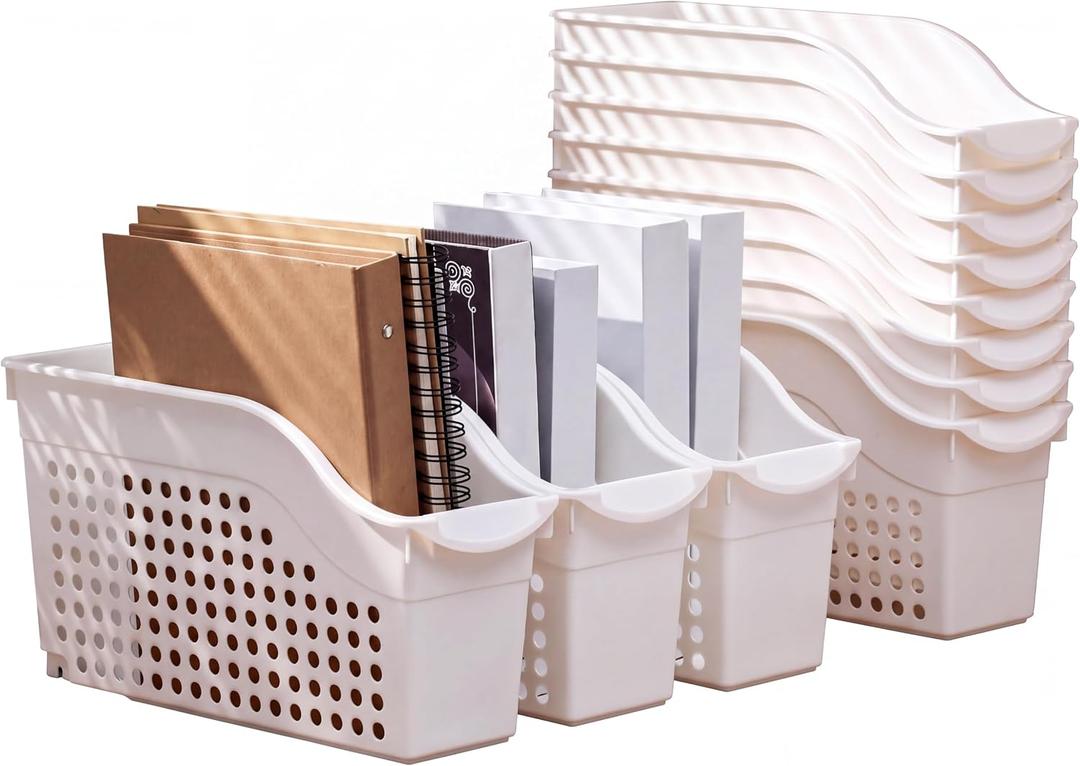 CroBlissful 12 Packs Large Book Bins with Wheels Plastic File and Binder Holders White Hollowed Magazine Books Storage Organizers for Home Office Supplies
