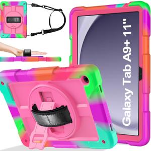 BMOUO CASE for Samsung Galaxy Tab A9+ Plus Case 11" 2023 (SM-X210/X216/X218), Shockproof Galaxy Tab A9 Plus Case with Rotating Stand and Hand/Shoulder Strap, Magenta