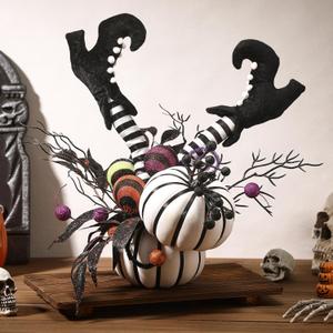 Halloween Table Centerpieces Decorations Witch Boot and Pumpkin Artificial Flowers Halloween Tabletop Decorations for Home Kitchen Indoor Haunted Party Decoration 12x17 Inch