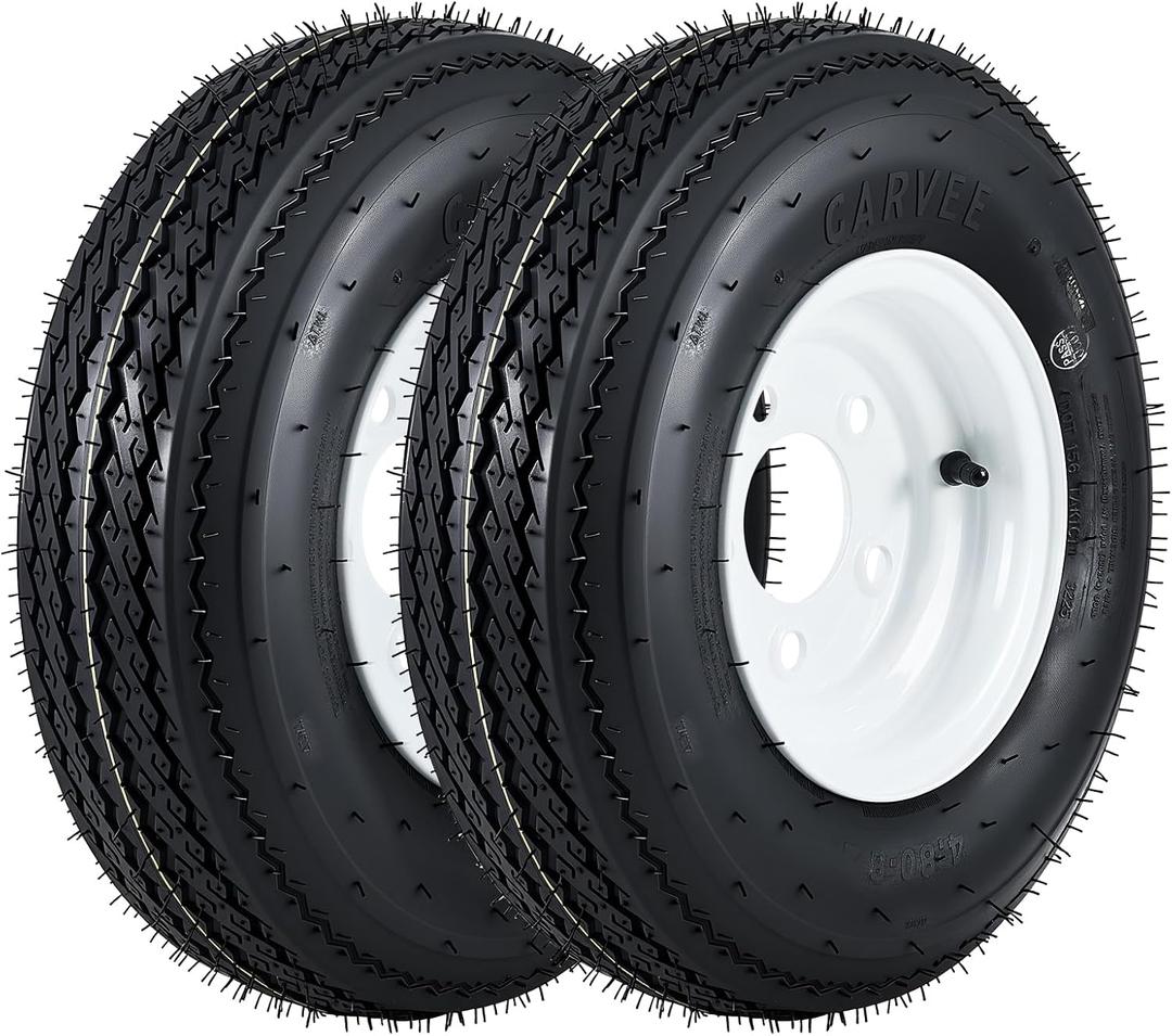 2-Pack Trailer Tires on Rims 4.80-8, 5 Lug Bolt White Wheels, 760 Lbs Load Capacity, 90 PSI - DOT Approved, Load Range C (4.80 x 8)