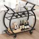 LVB Bar Cart with Glass, Black Bar Cart with Wheels, Home Bar Serving Cart with 2 Tier Storage Glass Shelves, Wine Cart with Wine Rack, Liquor Cart for Kitchen, Bar, Dinning Room