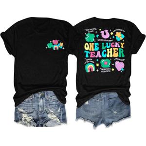 St Patricks Day Shirt Women One Lucky Teacher St. Patrick's Day Shirts for Women School Teach Shirt (Black, M)