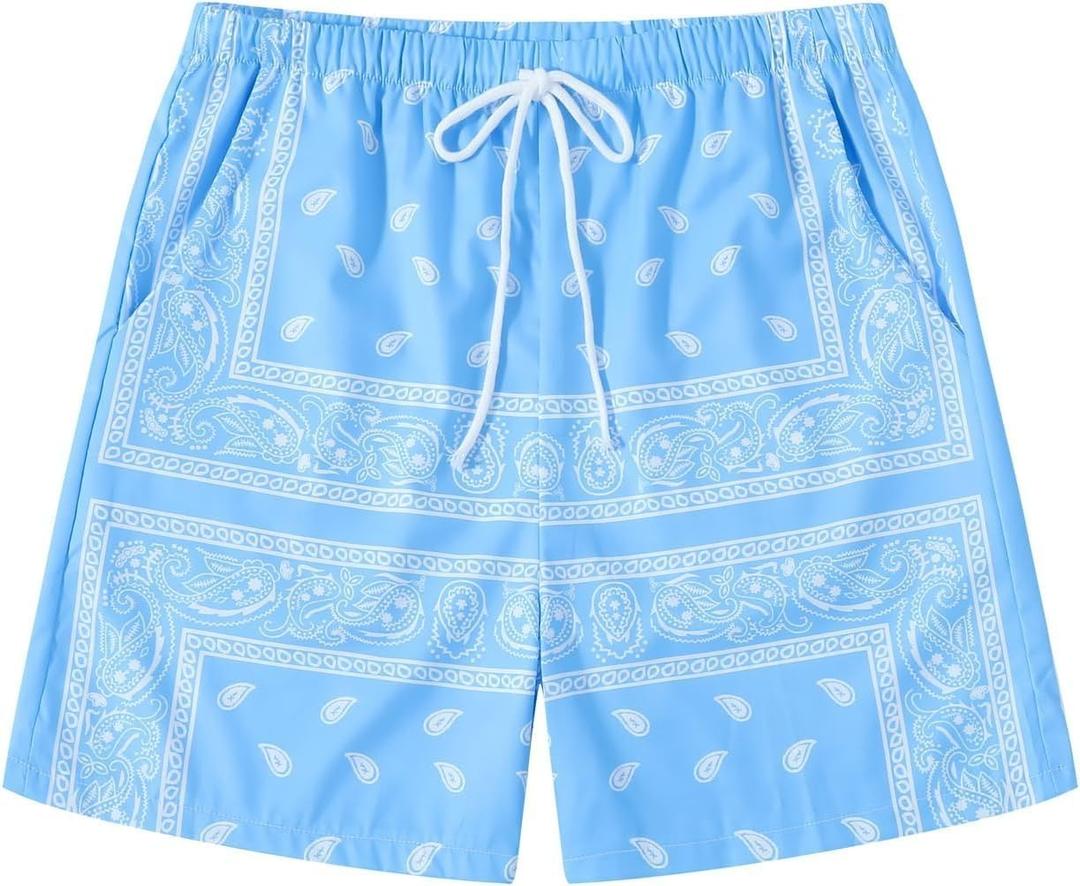 Men's Paisley Print Graphics Shorts Drawstring Waist Casual Boho Tribal Print Summer Shorts with Pockets (Blue, L)