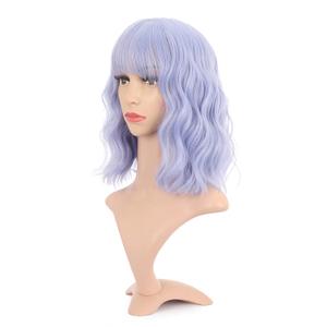 VCKOVCKO Natural Wavy Wig With Air Bangs Short Bob Grey Blue Wigs Women's Shoulder Length Curly Wavy Synthetic Cosplay Pastel Bob Wig for Girl (12", Grey Blue)