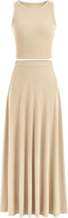 Pretty Garden Women's 2 Piece Maxi Skirt Sets Casual Summer Knit Cropped Tank Top High Waisted Long Skirts Outfit XL