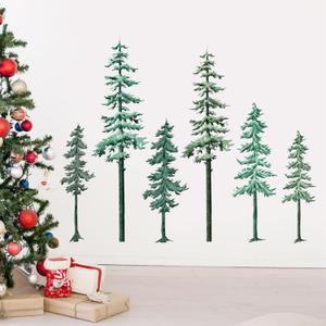 Large Pine Tree Wall Decal Big Pine Trees Wall Stickers Watercolor Green Tree Wall Sticker Winter Forest Plants Wall Decals Xmas Woodland Trees Stickers for Bedroom Nursery Living Room