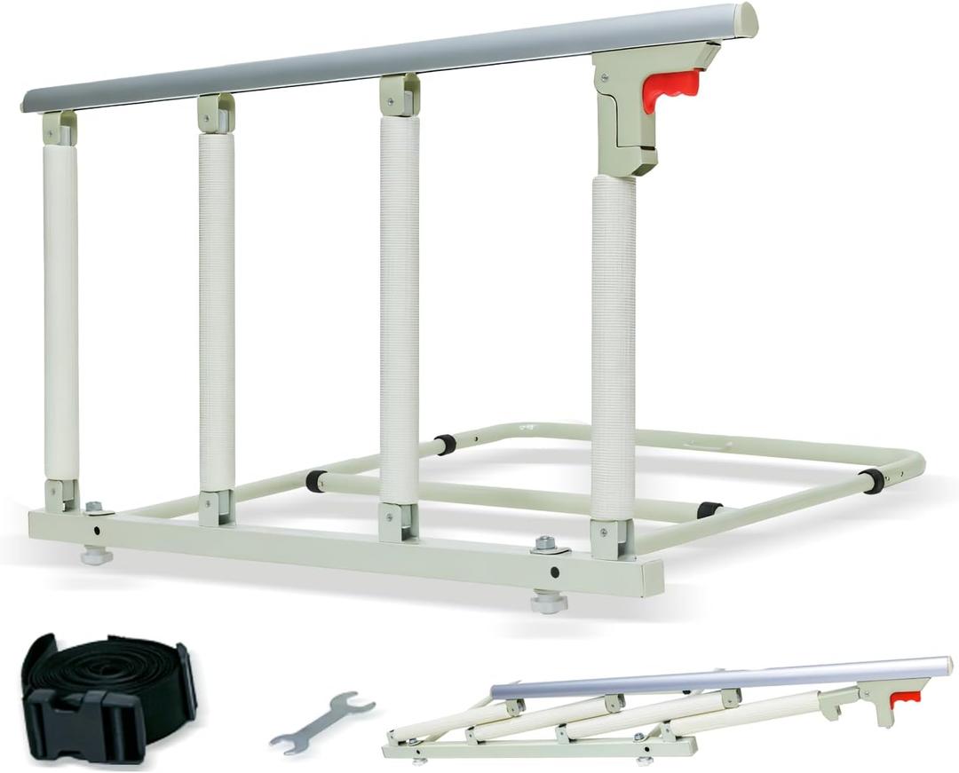 JIKEXINGMENG 30″ Folding Bed Rail–Safety Bed Rails for Elderly Adults (Twin–King, Tool-Free) Supports300lbs|Non-SlipStrap&FoamBase|180°Fold-DownDesign|Height17–21″Adjustable|PaddedGrip&OrganizerPouch