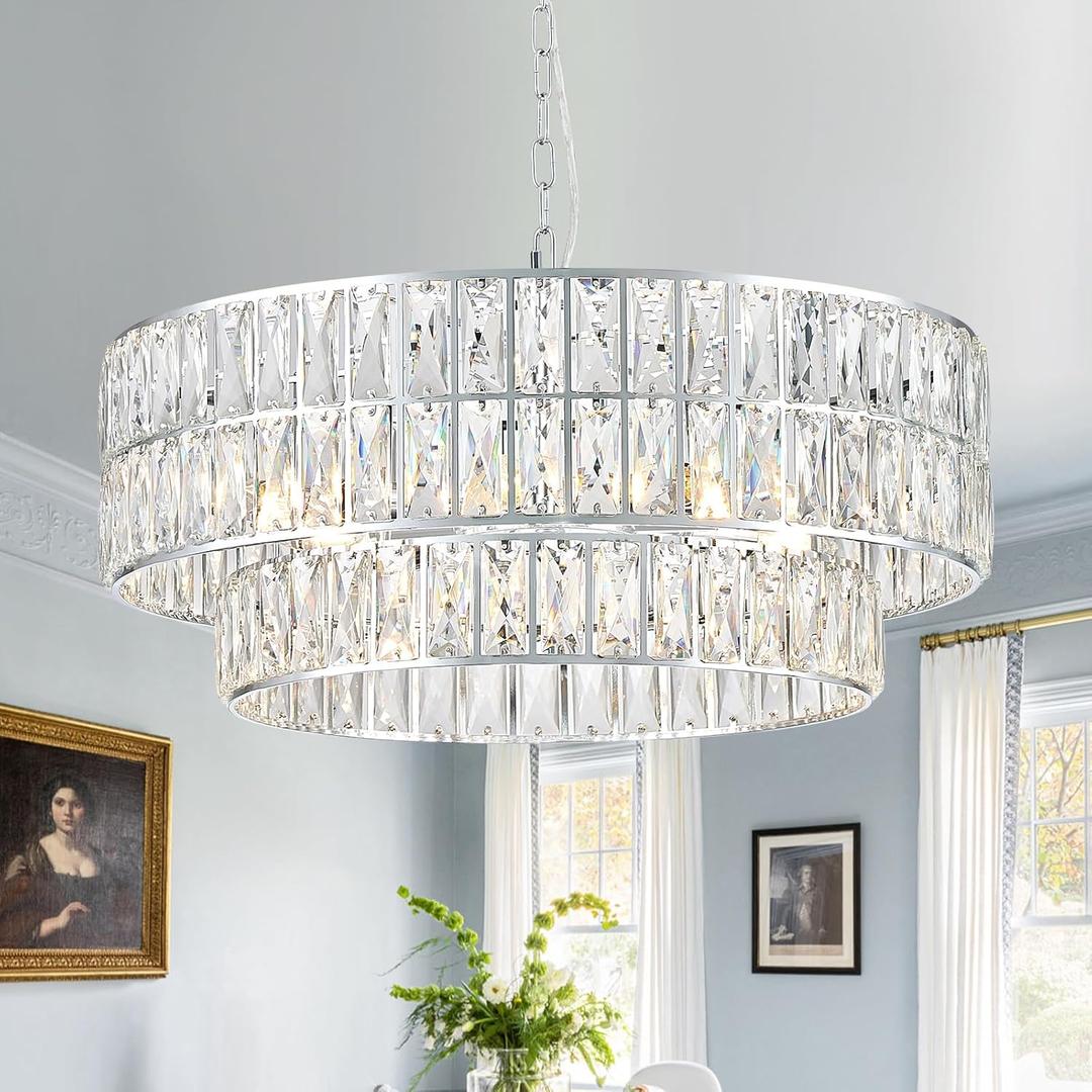 24'' Luxury Chrome Crystal Chandelier 8-Lights Modern Semi Flush Mount Ceiling Light Fixtures Round Crystal Pendant Chandeliers for Living Room Dining Room Kitchen Foyer Bedroom