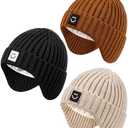 3 Pack Baby Beanie Hats with Earflaps, 2 Size Baby Winter Hat for Newborn Infant Toddler Kids Children with Cute Smiley Face, Soft Warm Fleece Lined Knit Hat for Girls Boys-08