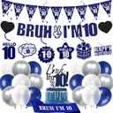10th Birthday Decorations Banner Boys - 28 Pcs Blue Bruh I'M 10 Pre-Strung Banners Hanging Swirls Latex Balloons Sash Cake Topper Set for Kids 10 Year Old Boy Party Decor Supplies