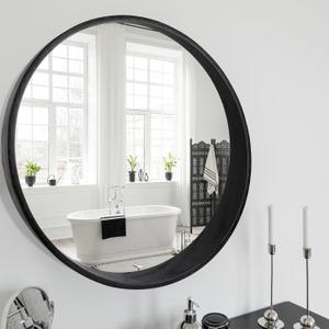 Round Oak Solid Wood Mirror, 24-Inch, Black Narrow-Top Wide-Bottom Frame, Modern Decorative Makeup Mirror for Bathroom, Bedroom, Living Room(Black, 24" x 24")