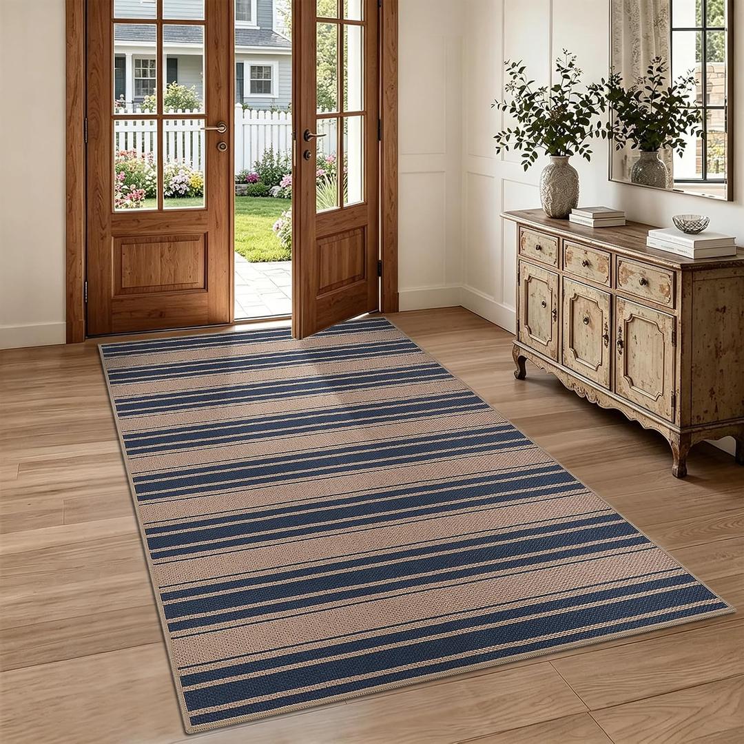 Striped Easy Jute 3x5 Outdoor Rug Washable Non Slip Khaki Rugs for Entryway Indoor Outdoor Farmhouse Neutral Door Mat for Backyard Patio Proch Living Room