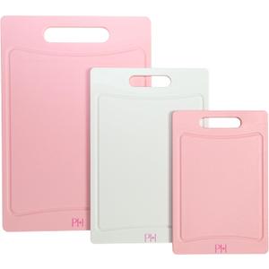 Paris Hilton Cutting Boards, Dual-Sided Cutting Board Set with Built-in Juice Grooves, Easy-Grip Handles, Heavy-Duty Plastic Made without BPA, Dishwasher Safe, 3-Piece Set, Pink and Cream