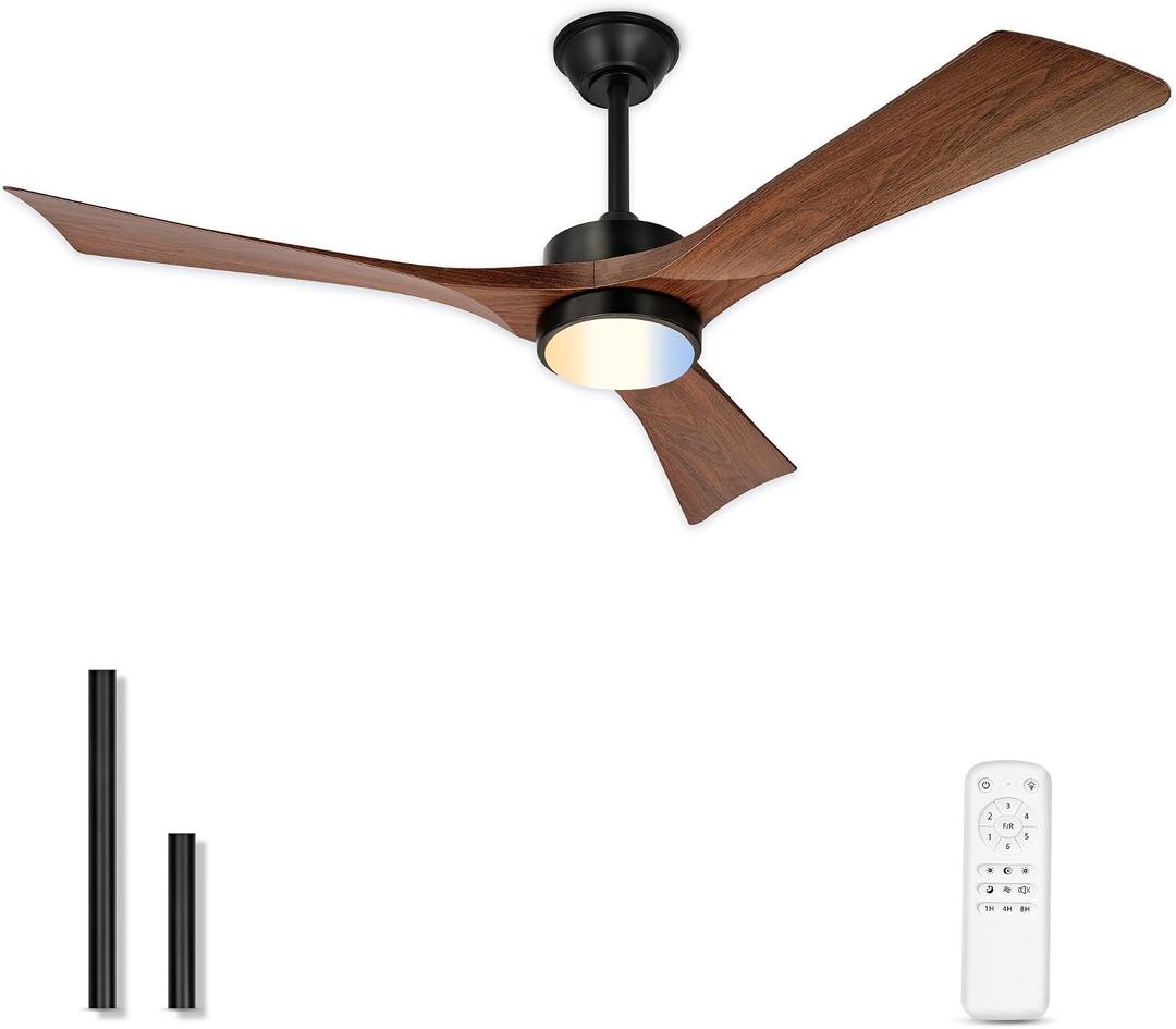 52" Ceiling Fan with Light & Remote, Walnut, ZCCF08WD-52 | Wood-grain ABS blades, remote, 6 speeds, 3CCT dimmable LED and quiet reversible DC motor for living rooms and covered patios