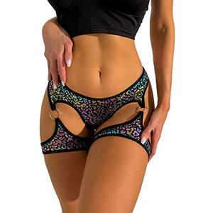 OYOANGLE Women's Leopard High Waist Garter Panty Cut Out Boyshorts Bottom Underwear S