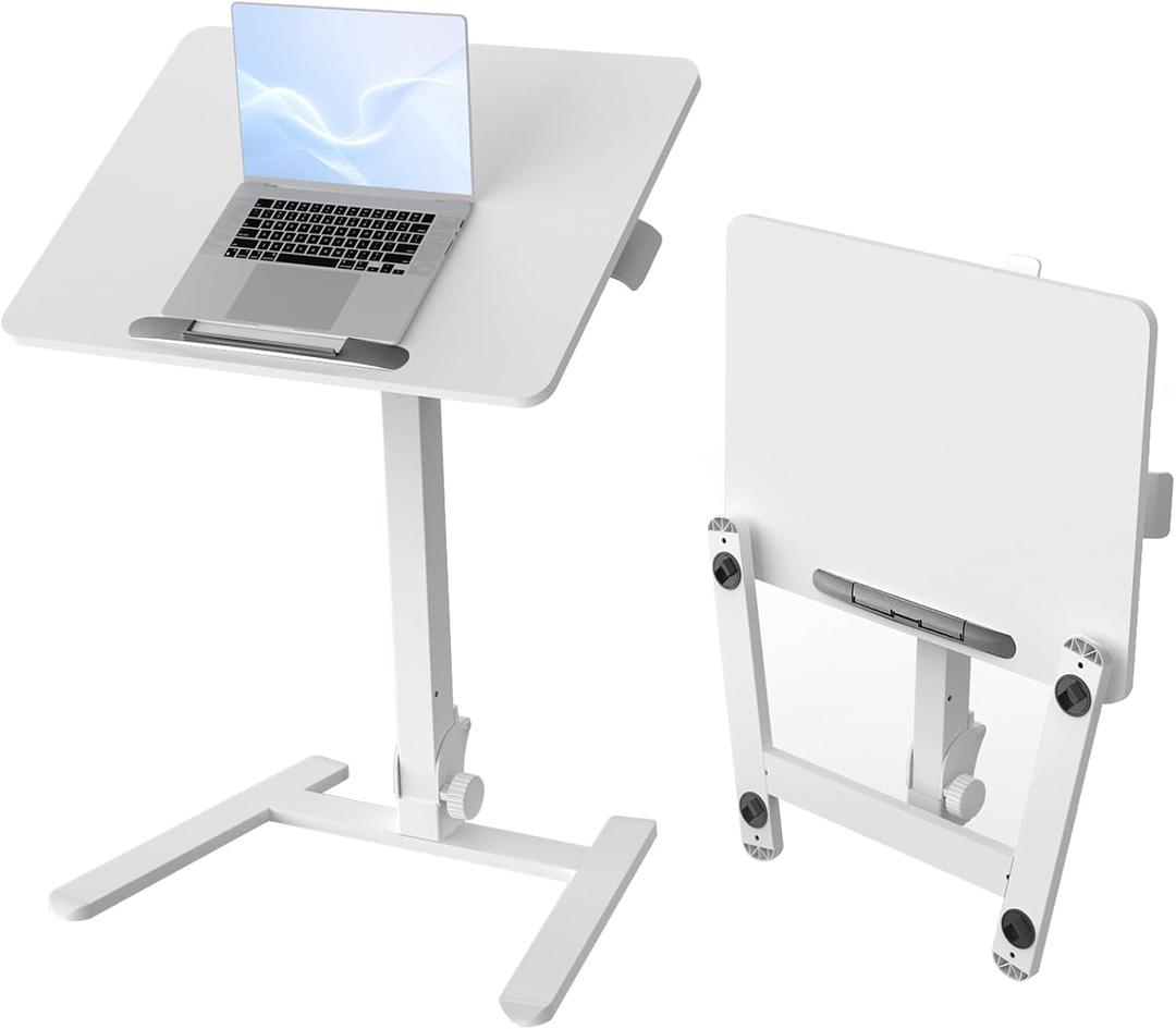 25" Mobile Folding Desk, Pneumatic No-Assembly Standing Desk, White
