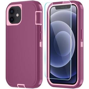 ouyncase Phone Case for iPhone 12/13 Mini with HD Screen Protector, Heavy Duty Shockproof & Dropproof 3-Layer Cover Case (WineRedPink)