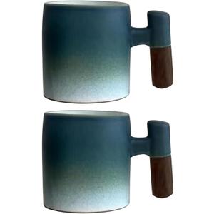 2-Oz Ceramic Espresso Cups with Wood Handle, 2/4-Piece Set for Coffee, Tea, Latte - Dishwasher Safe, Multi-Color & Wood Styles, Gift & Café Use (blue white, Wooden Handle2)
