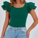 PRETTYGARDEN Women's Ruffle Short Sleeve Shirts 2026 Summer Casual Basic Tee Cute Fitted Crew Neck Fashion Tops Clothes (Green, M)
