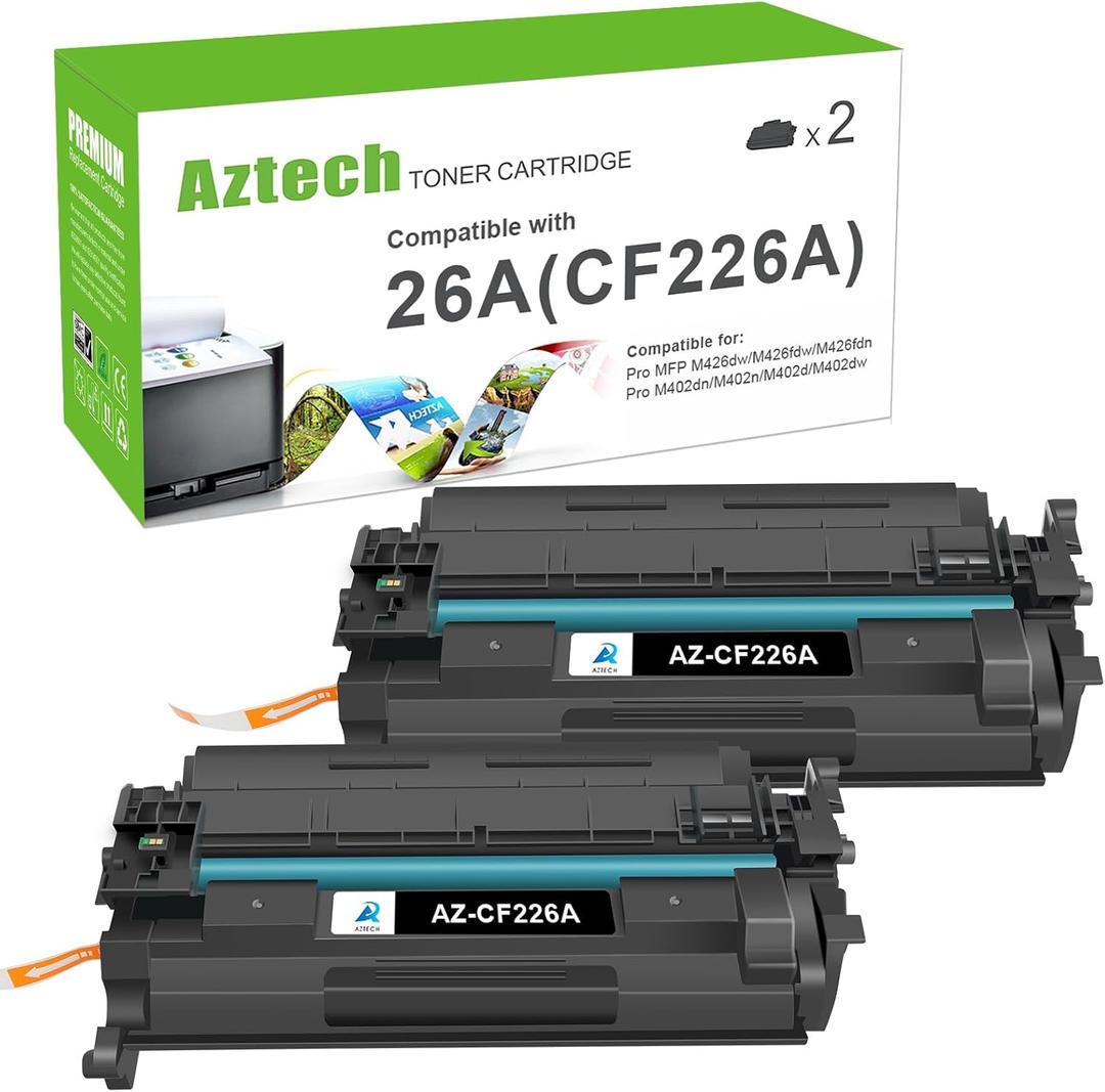 Aztech 26A CF226A Toner Cartridge 2 Pack Compatible Replacement for HP LaserJet 26A CF226A 26X CF226X Pro M402dn M402n M402dw Pro MFP M426fdw M426fdn M426dw Series Printer Ink High Yield Black