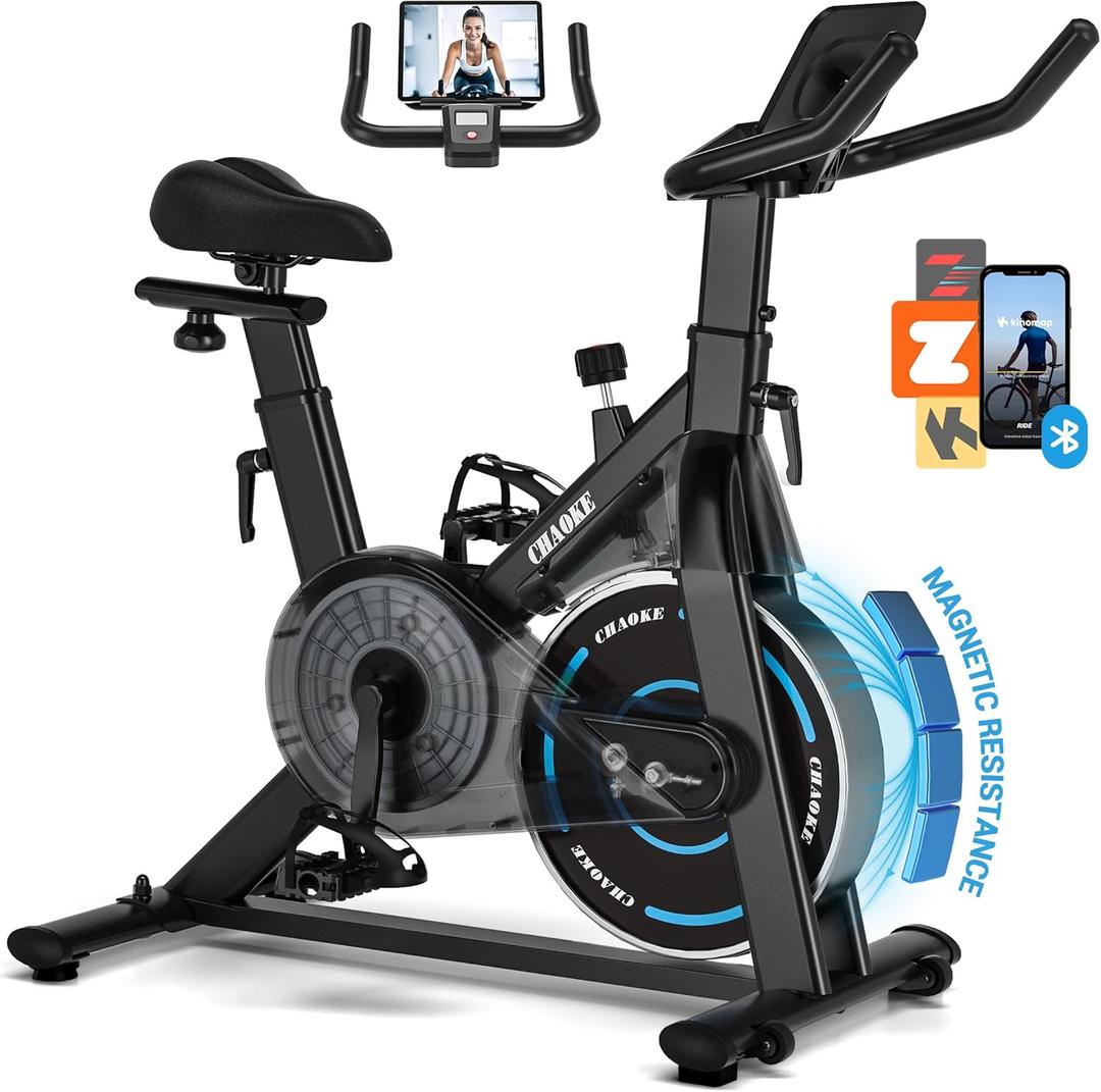 CHAOKE Exercise Bike, Quiet Adjustable Magnetic Stationary Bike for Home Cardio with App Compatible, 350LB Weight Capacity Indoor Cycling Bike with Large Seat, Dumbbell Rack, Pull Cords & LCD Display (Newly Upgraded Magnetic + App Compatible -Black Blue)