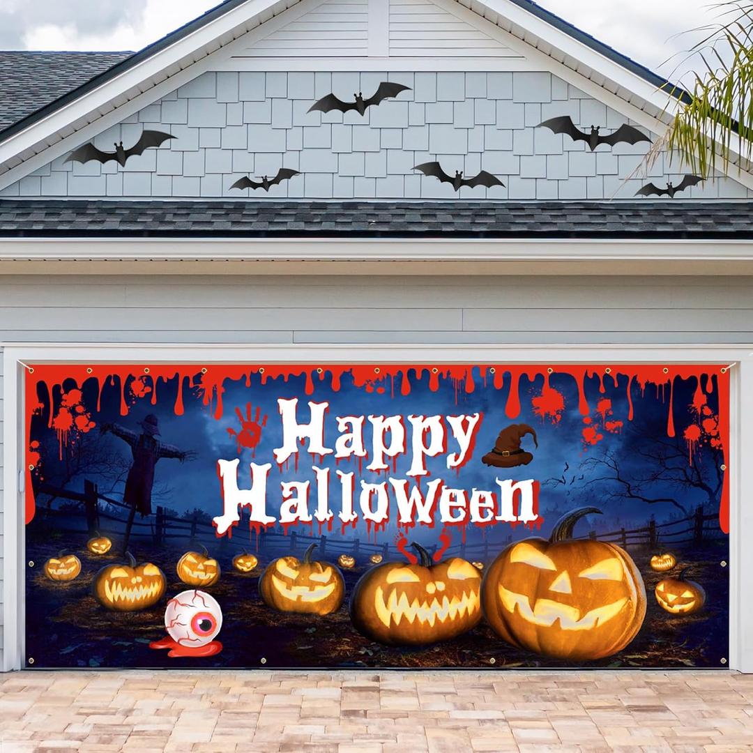 Vlipoeasn Halloween Garage Door Decorations - 7 x 16 Ft Cover Banner, Pumpkin Ghost Extra Large Outdoor Party Backdrop, Sign Poster Decorations Supplies (Multicolor)