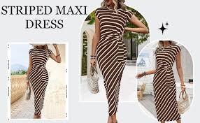Womens Striped Bodycon Fitted Work Casual Office Elegant Long Midi Dress XL