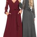 AUSELILY Women's Lace Dress Long Sleeve Maxi 2025 Fall V Neck Wrap Waist Formal Party Long Dresses with Pockets (M)
