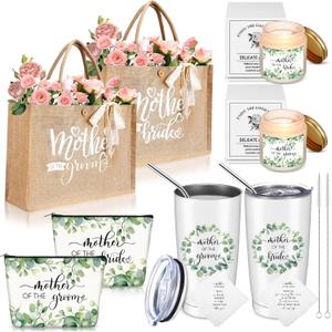 Hushee 2 Sets Mother of the Bride and Mother of the Groom Gifts Set Includes 20 oz Tumblers Greenery Canvas Tote Bags Leaf Cosmetic Bag Handkerchief Candle for Mom Bridal Shower Wedding Gifts
