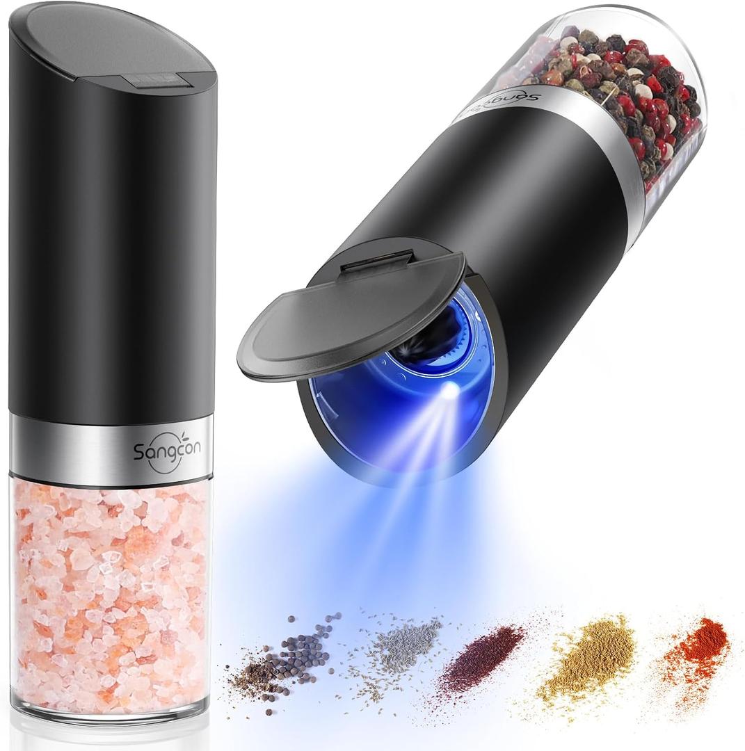 Sangcon Gravity Electric Salt and Pepper Grinder Set with Dust Cover, Battery Operated(4 AAA), Large Capacity, Adjustable Coarseness, One Hand Automatic Salt and Pepper Shakers Set Mill with LED Light