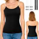 Women's Seamless Camisole Tops, Everyday Layers Tank Top for Women, Spaghetti Cami with 2 Pair Clear Straps (Black, XL)