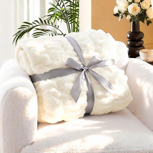 Tejoe Ultra-Soft Faux Rabbit Fur Throw Blanket 50"x60", Cozy Fuzzy & Plush Blanket for Couch & Sofa Home Decor, Fluffy Thick Throw, A Warm Gift for Women, Cream/Beige