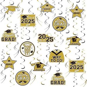 31 Pieces Graduation Decorations Class of 2025, Graduation Hanging Swirl Congrats Grad and Graduation Party Decorations(Gold, Black)