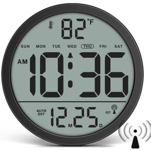 WallarGe Atomic Wall Clock - Never Needs Setting, Digital Wall Clock Battery Operated with Date, Temp, DST, Self-Setting Time, Easy to Read 8 Inch Display for Bedroom, Living Room, Home, Office