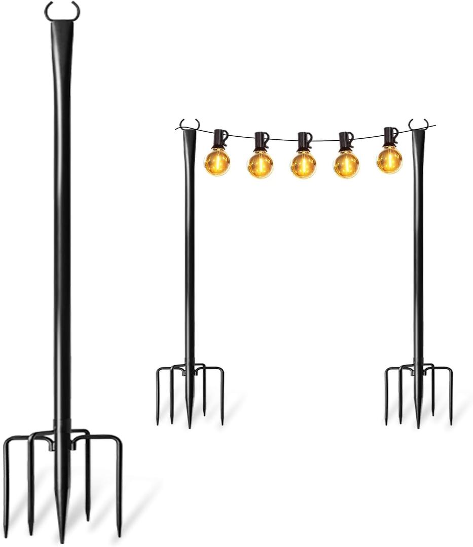 2 Pack Heavy-Duty String Light Poles for Outside with Fork, Adjustable Lighting Hanging Post Accessories for Patio Furniture Set Patio Decor Outdoor Decor Backyard Yard Pergola Garden Decorations