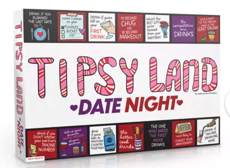 Tipsy Land Date Night Game - Your new favorite date night drinking game is here! Grab your date, roll the dice, and move around the board. Tipsy Land Date Night is packed with unique couples-themed spaces made for calling out your partner, stupid dar