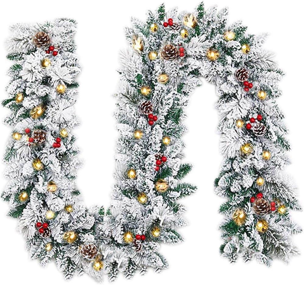 Christmas Garland with Lights, Xmas Garlands with Timer, 9ft Lighted Xmas Garland Snow for Mantle Staircase Front Door Stairs Railing Window Fireplace Winter Outdoor Home Decorations