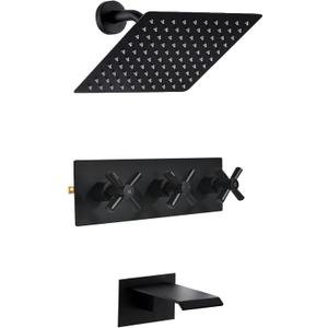 3 Handle Tub Shower Faucet, Matte Black Three Handle Shower Faucet Set with Waterfall Tub Spout and 8" Rainfall Shower Head, 3 knob shower tub faucet set