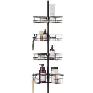 Zenna Home Tension Pole Shower Caddy Corner Organizer, Adjustable Standing Shower Caddy with 4 L-shaped Baskets and Hooks, Rust Resistant Bathroom Tension Rod Organizer, 60 to 97 Inch, Bronze