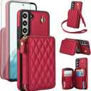 Phone Case for Samsung Galaxy S21 FE 5G Wallet Cell Cover with Tempered Glass Screen Protector Wrist Crossbody Strap RFID Blocking Card Holder S 21 EF S21FE5G UW S21FE 21S G5 6.4 inch Women Girls Red