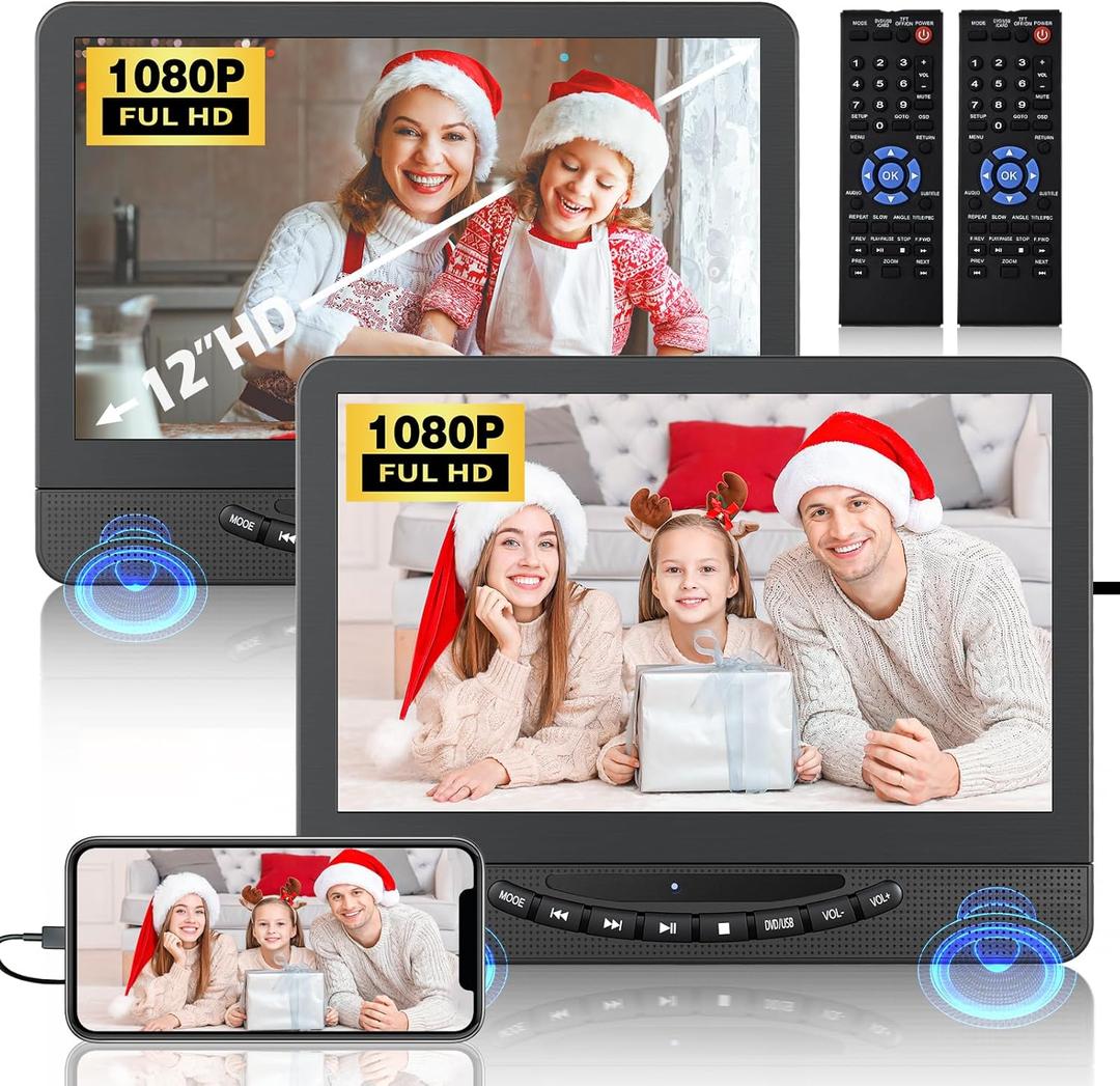 12" Dual Portable DVD Player for Car with 1080P HDMI Input, FELEMAN Car DVD Player Dual Screen Play A Same or Two Different Movies, 5 Hours Rechargeable, Support USB, AV in, Lsat Memory
