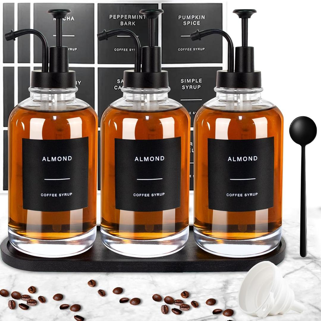 Coffee Syrup Dispenser for Coffee Bar, Set of 3 Simple Glass Syrup Bottles, Pump and Labels, 16.9 oz 500ml Syrup Pump Dispenser, Syrup Dispenser w. Tray & Coffee Scoop